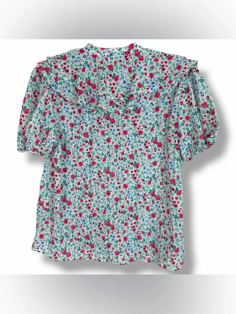 Zara White Floral Print Multi Color Crinkle V-Neck Puff Short Sleeve Top Blouse